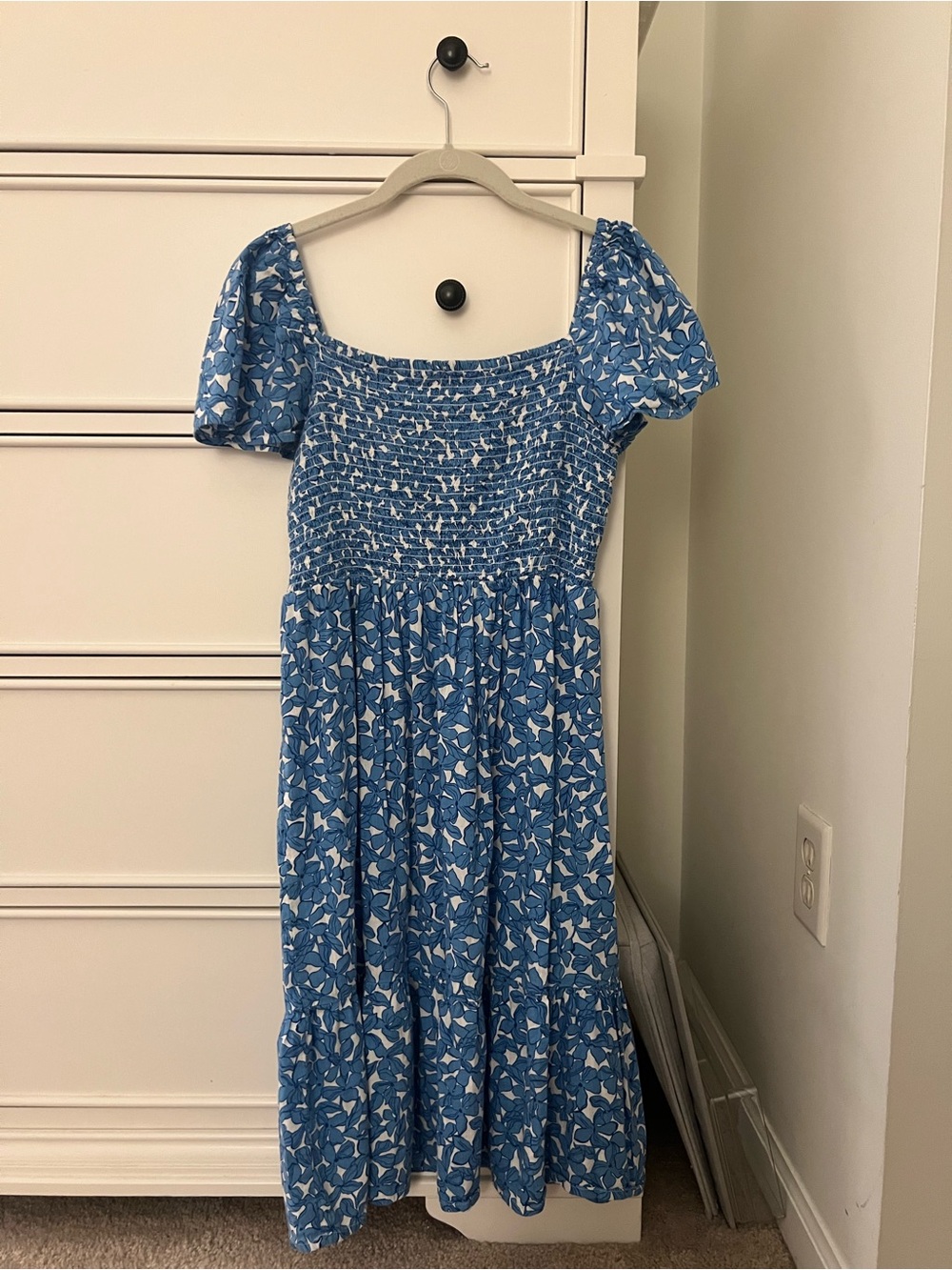 Blue Floral Smocked Squareneck Midi Dress